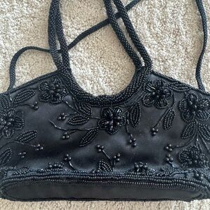 Black Beaded Floral Handbag